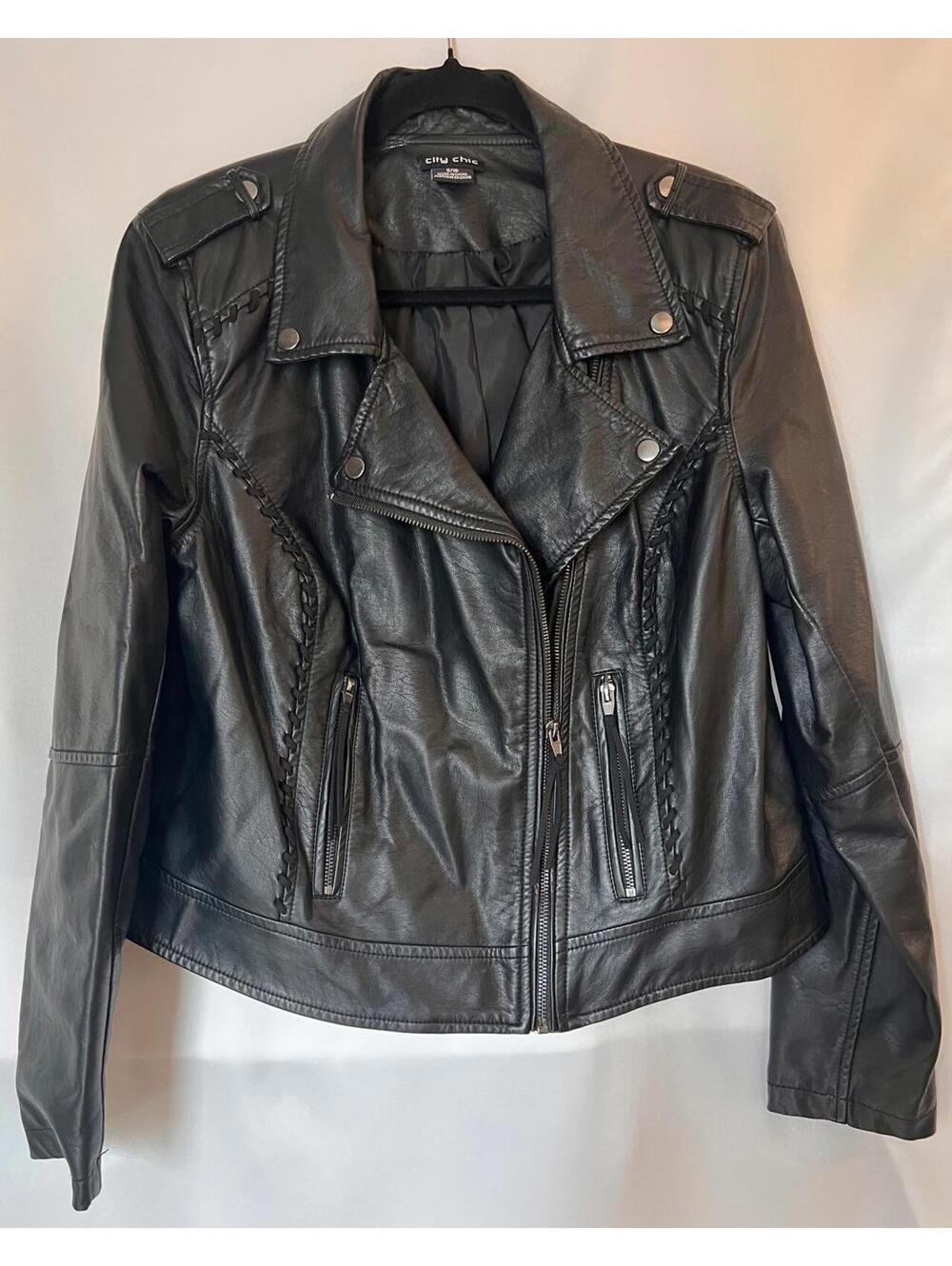 City Streets Black Faux Leather Moto Jacket with Braided Detail Size 16